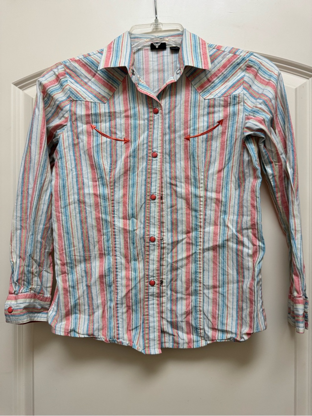 Cruel Girl Striped Button-Up in Coral, Light Blue & Cream